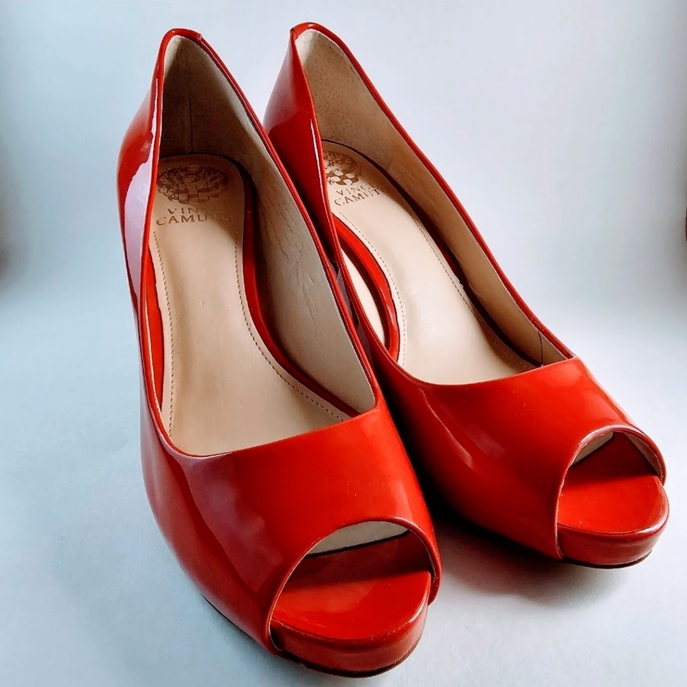 Vince Camuto Glossy Red Peep-Toe Heels - Picture 2 of 3